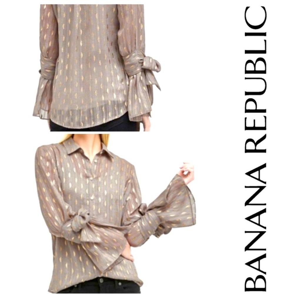 BANANA REPUBLIC Holiday top Taupe Gold w Ties Dillon shirt blouse , SZ L